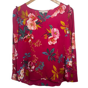 Ann Taylor Loft Top Women LP Pink Floral Bishop Sleeve Ruffle Long Sleeve Floral